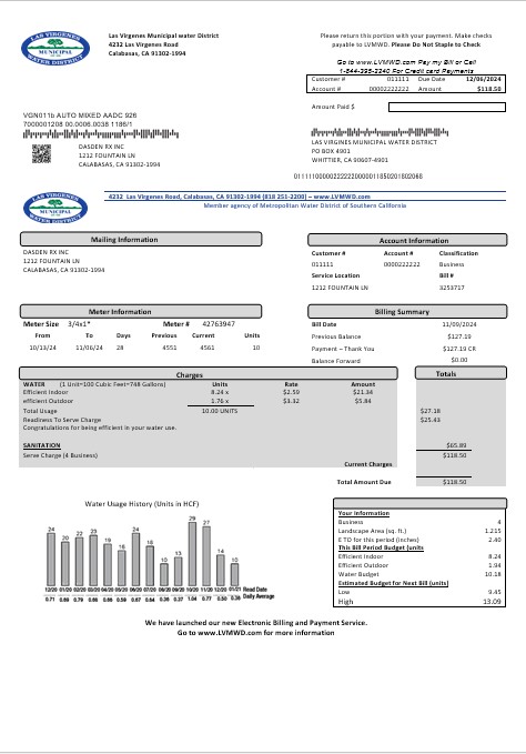 USA California Las Virgenes Municipal Water District business utility bill template in Word and PDF formats
